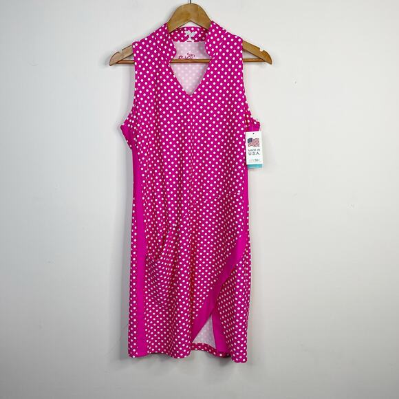 Tzu Tzu Kaia Sleeveless Golf Dress Hotty Dotty Pink Polka Dot Womens L New - Picture 1 of 17